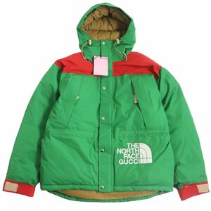 未使用品□22SS グッチ×ザ・ノースフェイス 663758 ロゴエンブロイダリー WZIP フーデッド ダウンジャケット グリーン×レッド M 正規品