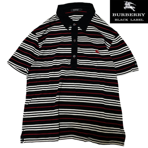 バーバリーブラックレーベル ロゴ ホースマーク刺繍 チェックライン ポロシャツ 2 M 黒 ブラック ボーダー BURBERRY BLACK LABEL