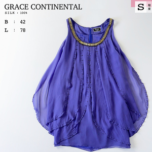 GRACE CONTINENTAL シルク 100% シフォン 変形 ノースリーブ 丸首 チュニック ブラウス 紫 パープル Aライン 膝上 ノーカラー 夏 36 S 7号