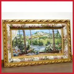 絵画　窓から眺める丘　フランス・ゴブラン織り　良質キャンバス　豪華　額絵