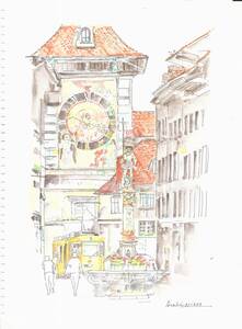 世界遺産の街並み・スイス・ベルンの時計台・F4画用紙・水彩画原画