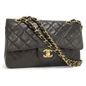 【中古】CHANEL Wチェーン ショルダーバッグ マトラッセ ラムスキン レザー ブラック