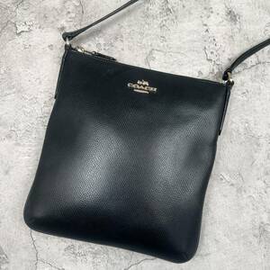 極美品●COACH コーチ メンズ ビジネス ショルダーバッグ サコッシュ クロスボディ 肩掛け 斜め掛け メタルロゴ レザー 本革 ブラック 黒