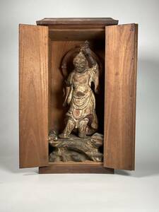 毘沙門天　厨子入り　木彫　仏像　江戸中期　高さ約30cm