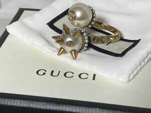 【13号】GUCCIグッチ インターロッキングG トゲトゲ パール スタッド リング 指輪 ヴィンテージゴールド