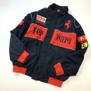 希少 OLD Ferrari フェラーリ フルデコ 刺繍 F1 レーシングジャケット ブルゾンジャケット メンズ XXL ブラック レッド