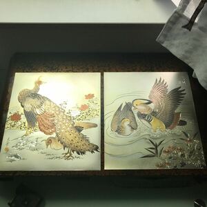 光亭 銅板 彫金「孔雀図」&井上秀鳳作 おしどり 彫金花鳥絵 