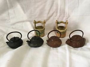 ミニチュア　茶道具　鉄瓶　4個　茶器　急須　狸　水桶　セット　飾り物 　ミニサイズ