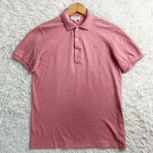 【E22】LACOSTE ラコステ ポロシャツ 半袖 刺繍ロゴ 鹿の子 ピンク 3 Mサイズ ゴルフウェア メンズ
