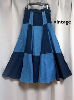 vintage リメイクデニムハイウエストフレアロングスカート 個性的