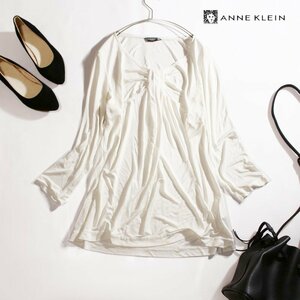 ANNE KLEIN アンクライン 春 夏 艶 ポリエステル ジャージ― ギャザー 8分袖 カットソー L ホワイト 白 ほんのり艶 透け