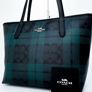 1円〜■極美品■COACH コーチ 総柄 チェック ロゴ トートバッグ ビジネス 大容量 A4 レディース メンズ レザー グリーン 緑 ブラック 黒