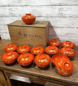 日本のアンティーク 高蒔絵 吸物椀 12客セット 漆器 汁椀 朱塗り 木製 漆塗 旧家蔵出し 古民家 インテリア 金彩 明治 大正 昭和レトロ