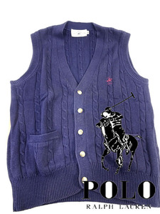 Polo /ラルフローレン ◆ ニットベストカーディガン 紺 綿100％ 羽織 レディース Mサイズ ネイビー