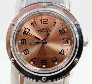 HERMES クリッパー CL4.210 SS クォーツ ピンクオレンジ レディース3針 デイト 腕時計