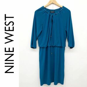 NINE WEST ナインウエスト ワンピース 長そで ひざ丈 大きいサイズ デザイン ストレッチ パーティ ブルー サイズ表記なし ウエストゴム