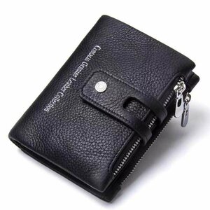 L049☆ 財布二つ折り 本革 小銭入れ コンパクト メンズ ラウンドファスナー ブラック