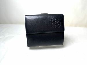 1円 美品 CHANEL シャネル Wホック財布 二つ折り 財布 レディース カメリア】ブラック黒 シール有り ココマーク レザー