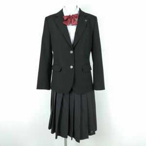 1円 ブレザー チェックスカート リボン 上下4点セット 指定 M 冬物 女子 学生服 大阪扇町総合高校 黒 制服 中古 ランクB NA1583