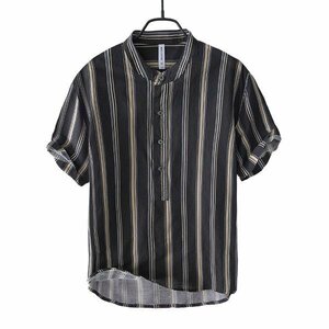 L ブラック リネンシャツ カジュアルシャツ メンズ 半袖シャツ ストライプ柄 バンドカラー 麻 綿麻 涼しい 爽快 夏物