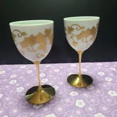 九谷焼　ペアワインカップ　鉄仙紋　金彩　ワイングラス　陶製