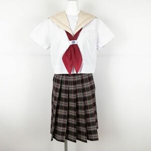 1円 セーラー服 チェックスカート スカーフ 上下3点セット 夏物 茶1本線 女子 学生服 大阪東雲中学 白 制服 中古 ランクC NA1525