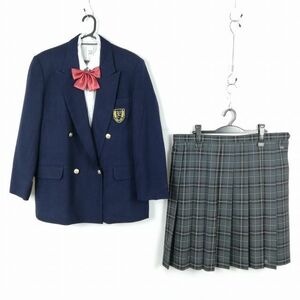 1円 ブレザー チェックスカート リボン 上下4点セット 大きいサイズ 冬物 女子 学生服 中学 高校 紺 制服 中古 ランクB NA0012