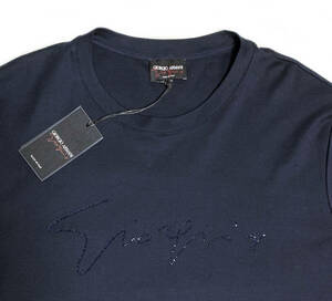 【48】ジョルジオアルマーニ シグネチャーラインストーン入り 高品質メンズコットンTシャツ イタリア製 GIORGIO ARMANI
