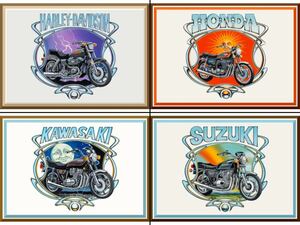 ☆David Mann 70年代バイクアートポスター4枚セット『Honda CB750/HD FXS 1200/Kawasaki Z1000 LTD/Suzuki GS750』 