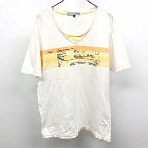 abx - 3 メンズ 男性 Tシャツ カットソー レイヤードネック Vネック×Uネック 英字 ボーダー 半袖 綿100% ホワイト×イエロー×オレンジ 白