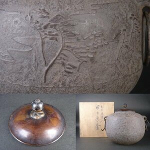 【扇屋】松原模様入 日之丸釜 高さ 約21.5cm 幅 約22.5cm 鉄瓶 茶釜 茶道具 tk-7