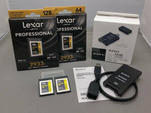 送料無料! ★ Lexar PROFESSIONAL XQDカード 128GB + 64GB + SONY XQD USBアダプター（カードリーダー）セット 中古良品 ★ Micron製