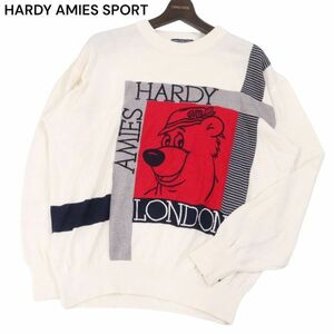 HARDY AMIES SPORT ハーディエイミス 通年 リネン混★ 熊 ロゴ刺繍 ニット セーター Sz.4 LARGE　メンズ 日本製　I3T02471_C#L