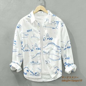 極美品*メンズシャツ 長袖シャツ 新品 アロハシャツ 山水画 ワイシャツ 総柄 ヴィンテージ 清涼 カジュアル 柔らか ゆったり 心地良し 3XL