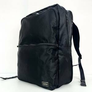 美品【希少モデル】PORTER TIME ポーター タイム 2室 デイパック リュック スクエア 自立 サイドポケット PC収納別 ナイロン 黒 メンズ