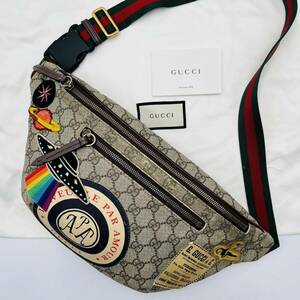 1円《稀少》GUCCI グッチ クーリエ ワッペン刺繍 GGスプリーム ボディバッグ ウエストポーチ ショルダー レザー PVC シェリーライン メンズ