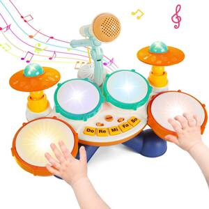 オレンジ色のドラムセットのおもちゃ 楽器 おもちゃ 6in1ドラムセット子供 マイク付き 音楽おもちゃ 子供おもちゃ人気 多機能 