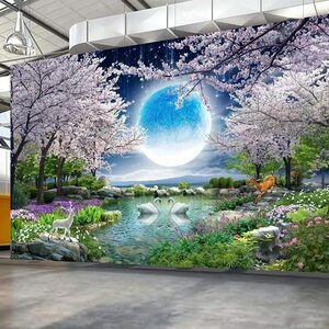 (即決) カスタム壁画壁紙月餅桜の木自然風景壁画リビングルームのベッドルームの写真の壁紙家の装飾q451