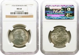 アメリカ　50セント銀貨　1936年　未使用品　ROBINSON　NGC(MS64)
