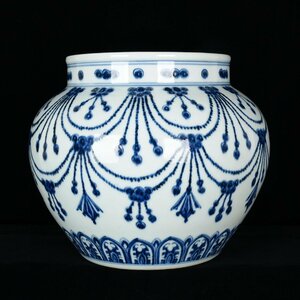 ◆古寳堂◆明 宣德年製款 青花 瓔珞紋罐 古陶瓷品 極細工 古置物 古擺件 中国古美術 時代物 古董品