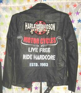 【即決】ハーレーダビッドソン　Harley-Davidson【ワッペンと手描きバックペイントのコラボ革ジャン】牛皮Mサイズ