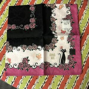 ANNA SUI アナスイ 大判猫ちゃんハンカチ 50×50 ピンク系★黒猫 バラ 蝶々柄 綿100% 日本製★未使用新品