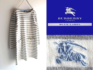 BURBERRY BLUE LABEL バーバリー ブルーレーベル ホースロゴ刺繍 金ボタン ボートネック コットン ボーダーワンピース 38 グレー ホワイト