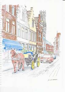 世界遺産の街並み・ベルギー・『アントワープの路地』水彩画・F4画用紙・原画
