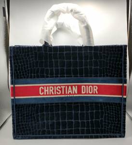 Christian Dior ブックトートバッグ ベロア ネイビー/レッド M1286ZTGU M928 TU 保存袋/ケアカード/ギャランティカード付き ディオール