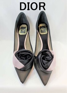 【新品】クリスチャンディオール　DIOR GARDEN PUMP ローズ装飾　サテン パンプス　36　ブラック×ピンク