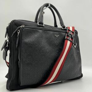 1円【極美品・現行モデル】BALLY バリー メンズ 2way ビジネスバッグ ショルダー ロゴ総柄 エンボス加工 ナイロン レザー 革 ブラック 