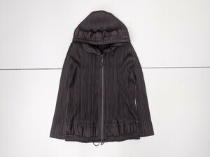 7．イッセイミヤケ PLEATS PLEASE プリーツ ジップアップパーカー ブラウス レディース3 焦げ茶系 x202