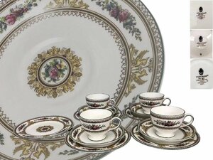 J0577 WEDGWOOD ウェッジウッド カップ&ソーサー 4客 ケーキ皿 色絵草花文 茶道具 珈琲道具 コーヒーの道具 西洋美術 時代物