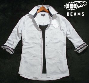 新品 XL ▼ ビームス BEAMS HEART ▼ 前立て 紺赤ライン 袖すそ裏 ボーダー 春夏 ７分袖シャツ メンズ MENS LL SAX サックス 水色